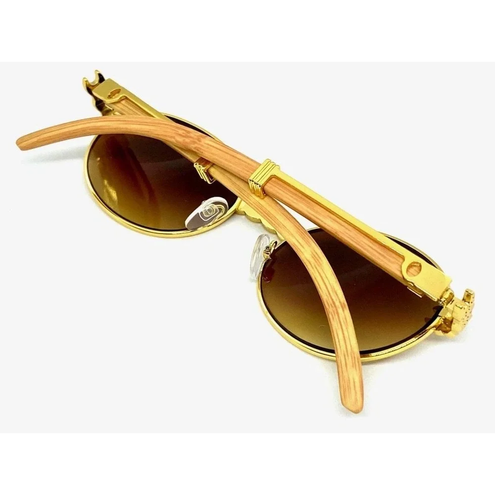 Retro Vintage Style Horn‎ Rim  Brown Lens Gold Round Fashion Driving Sunglasses